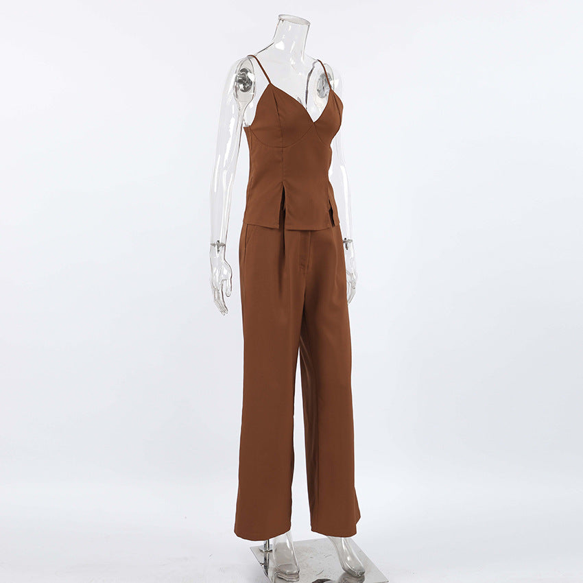 Women Brown Sleeveless Suspender V-Neck Slit Tank Top Long Pants Two-piece Set 5