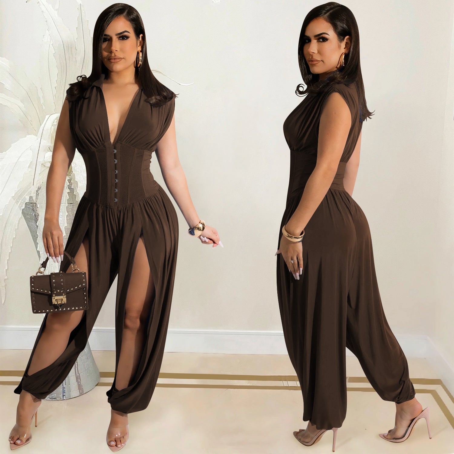 Women's Sexy Deep V Sleeveless Hollow Out Jumpsuit