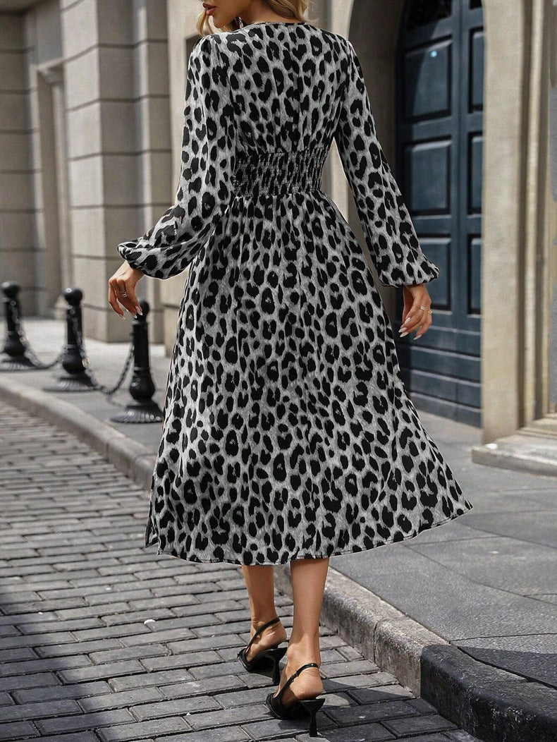 Leopard Print Women Autumn Lantern Sleeve Long Dress 17