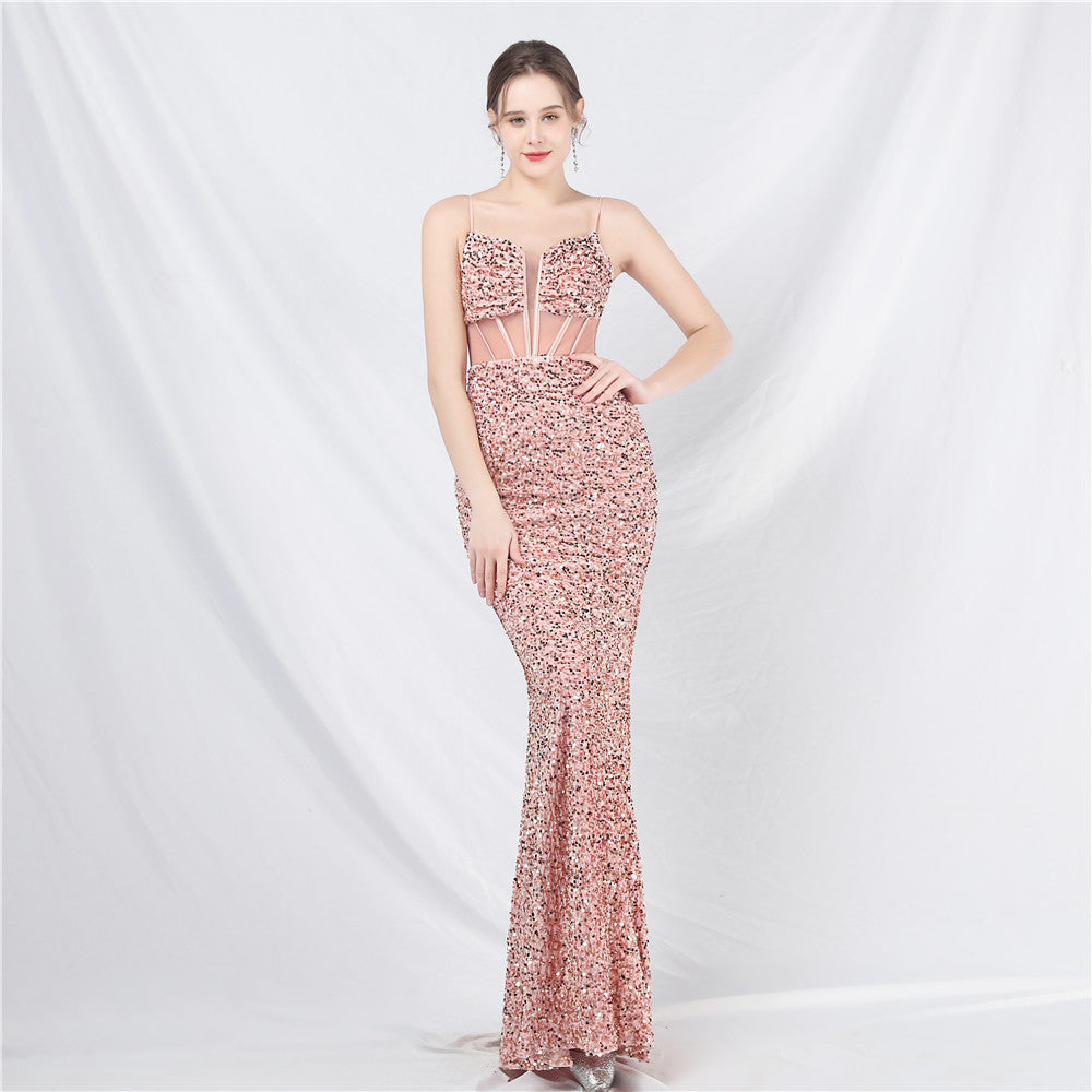 Luxury Strap Fishbone Slim Waist Mesh Sequin Evening Dress 6