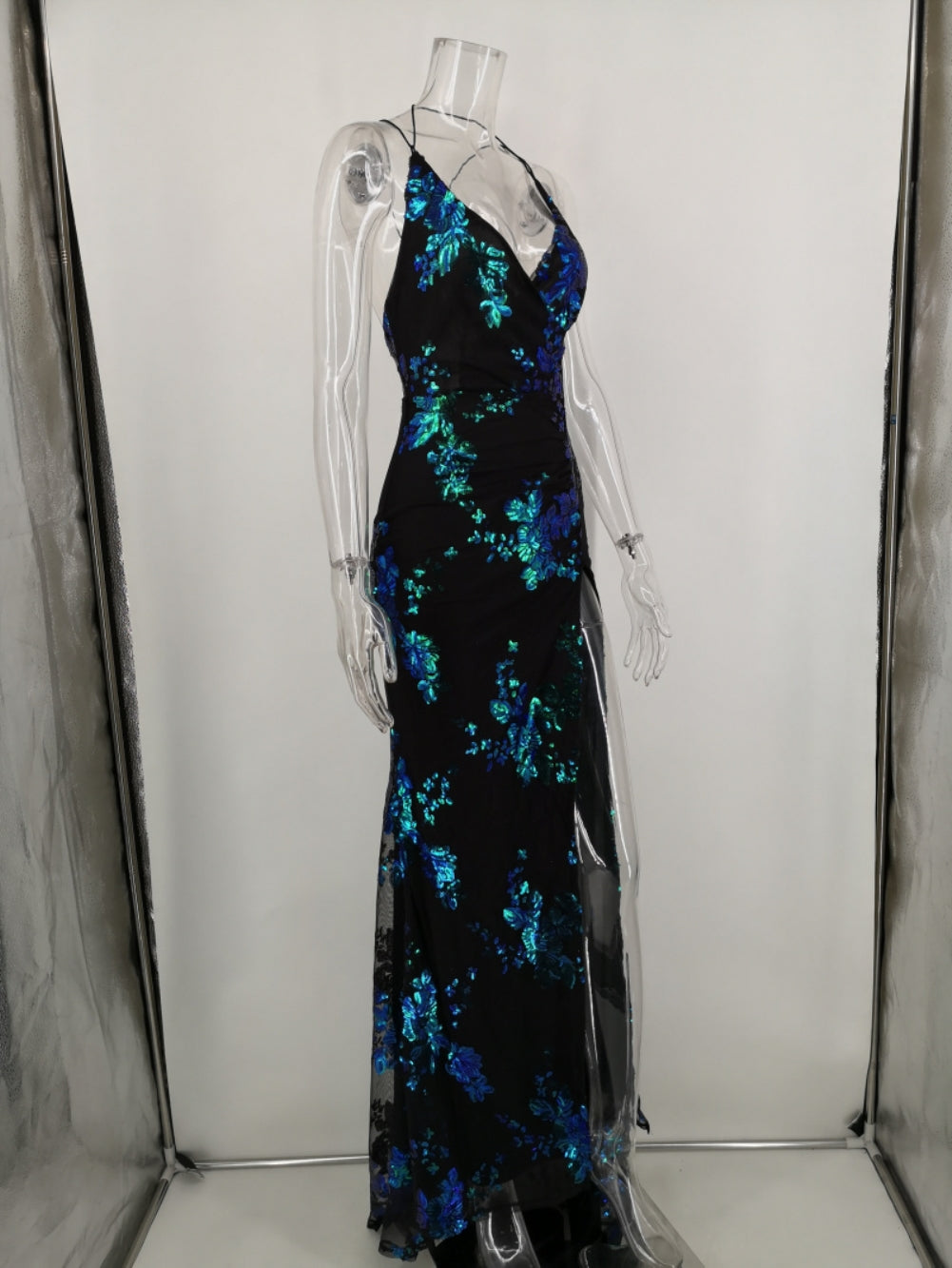 Sequins Floral Straps Slit Evening Dress 5