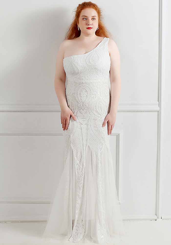Plus Size Women Sequins One Shoulder Formal Party Evening Dress 9