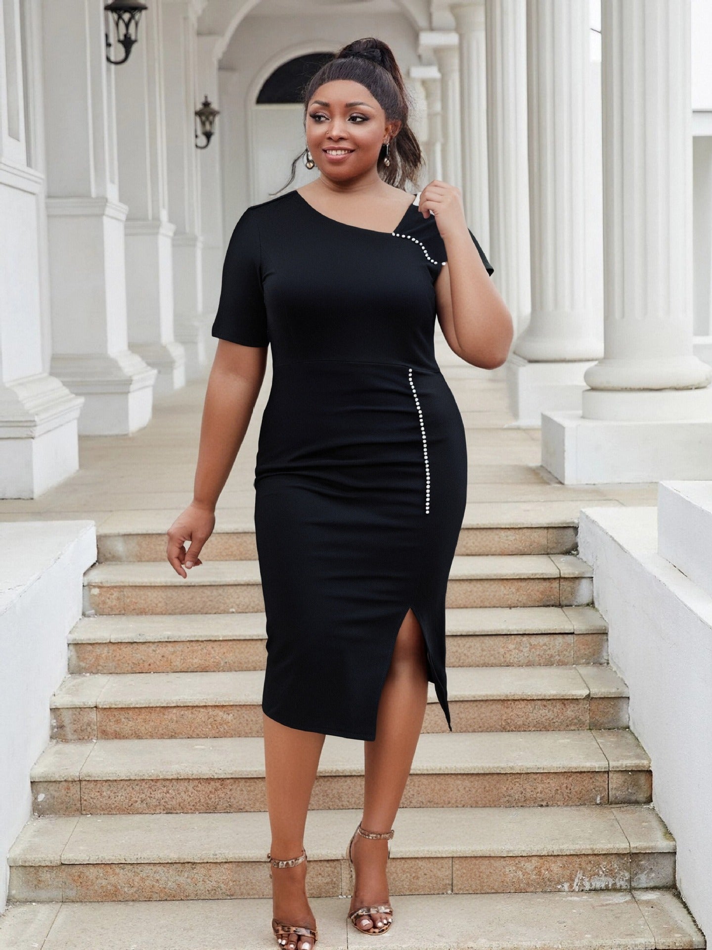 Plus Size Women Bodycon Beaded Bodycon Dress 3