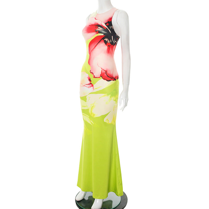 Women Elegant Floral Print Round Neck Sleeveless Fishtail Maxi Dress 7