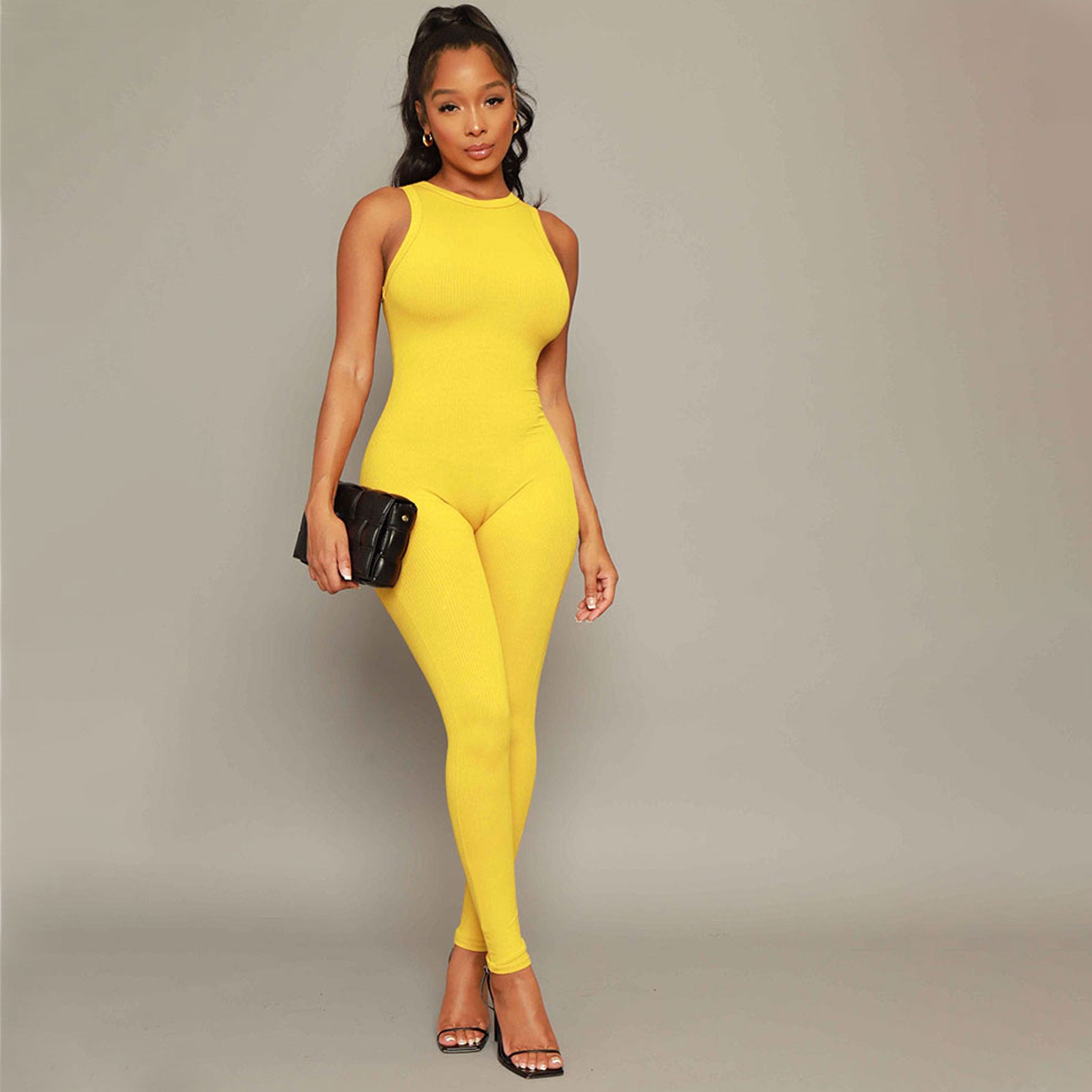 Women Solid Stretch Sleeveless Sexy Round Neck Jumpsuit 3