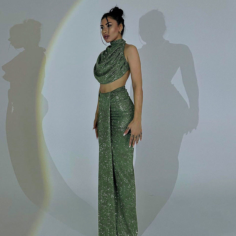 Sexy Halter Backless Top High Waist Bodycon Long Skirt Fashion Women Two Piece Set 3