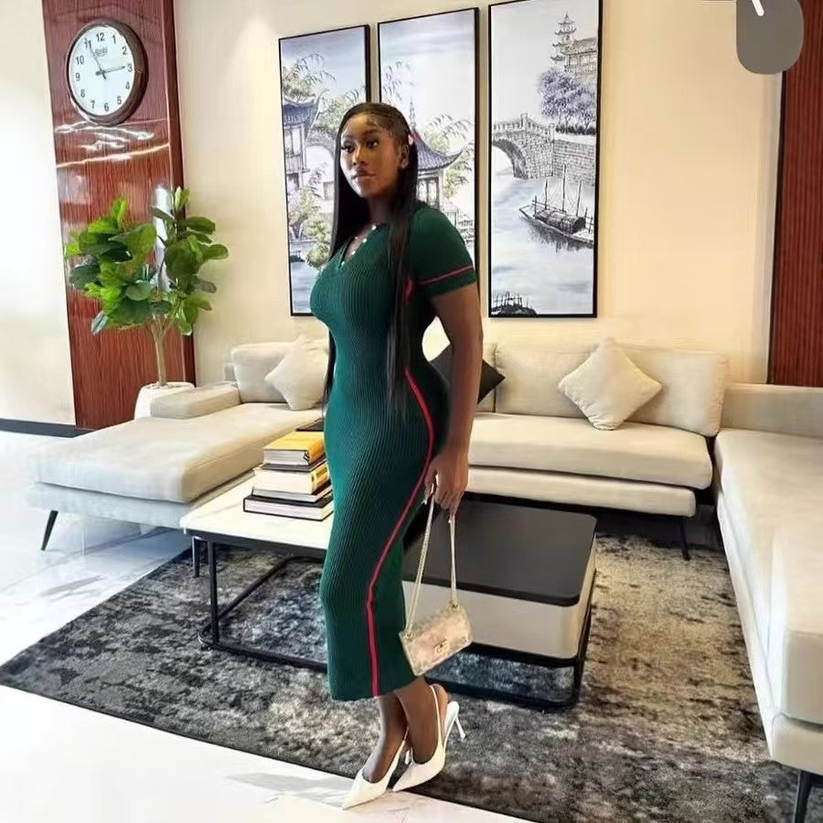 Women's Fashion Turndown Collar V-Neck Short Sleeve Knit Midi Dress 9