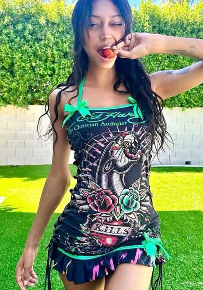 Women retro Print drawstring Strapless Dress