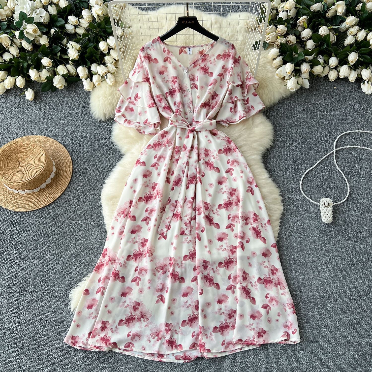V-Neck Bell Sleeve Tie Waist A-Line Floral Dress 8