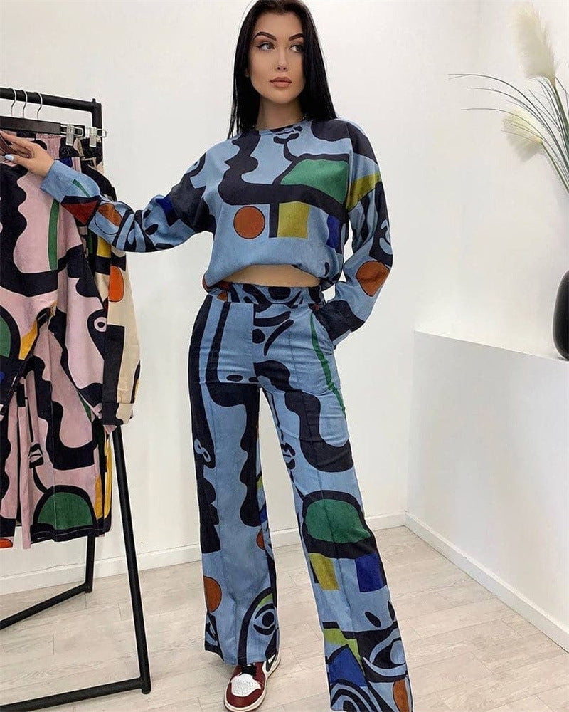 Autumn And Winter Women's Fashion Style Graffiti Printed Loose Long Sleeve Shirt Straight Pants Two Piece Set