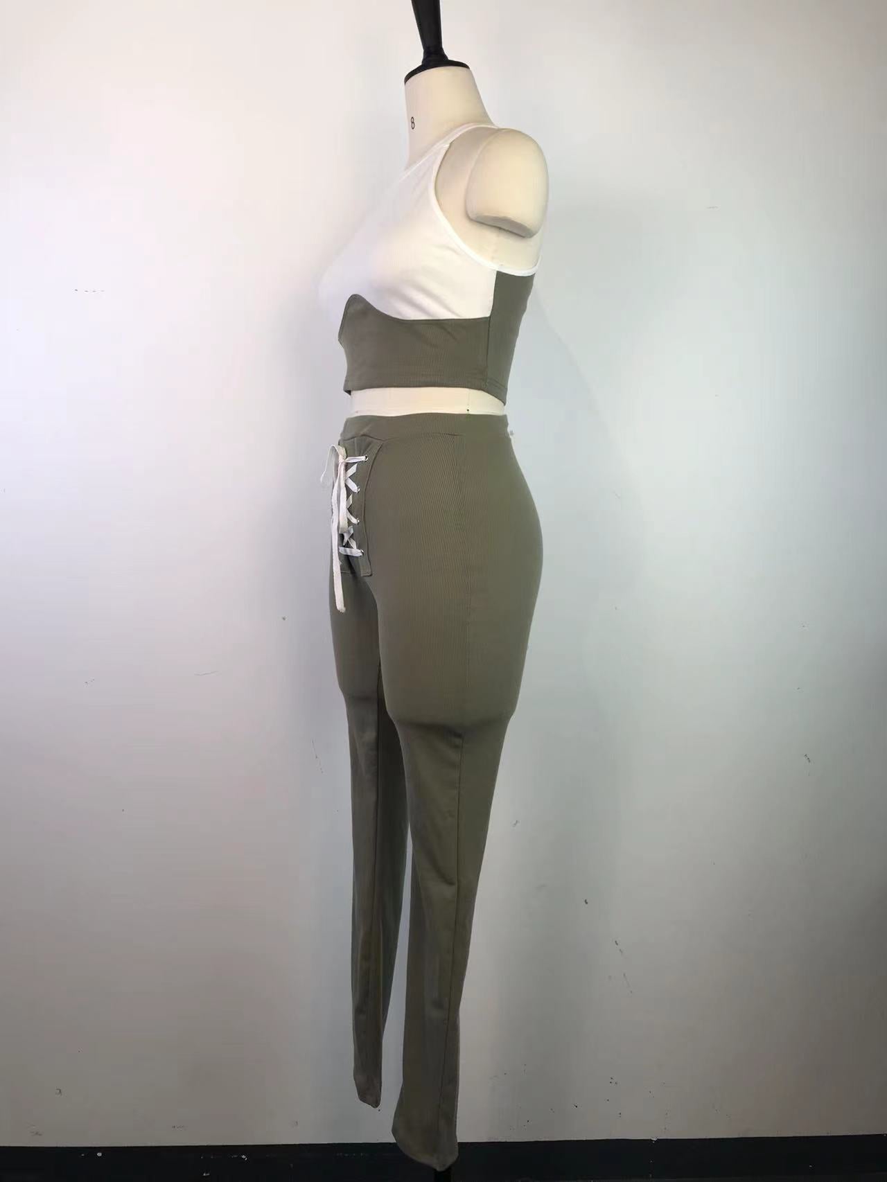 Women's Sexy Ribbed Suit Round Neck Tank Top Pencil Pants Lace-Up Two Piece Summer Set 13