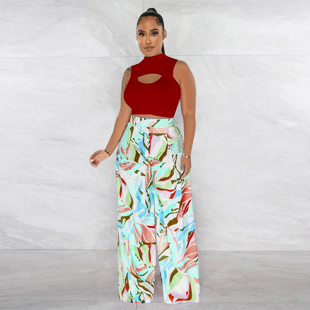 Women's Fashion Sleeveless Round Neck Cropped Top Printed Wide Leg Pants Two-Piece Set 4