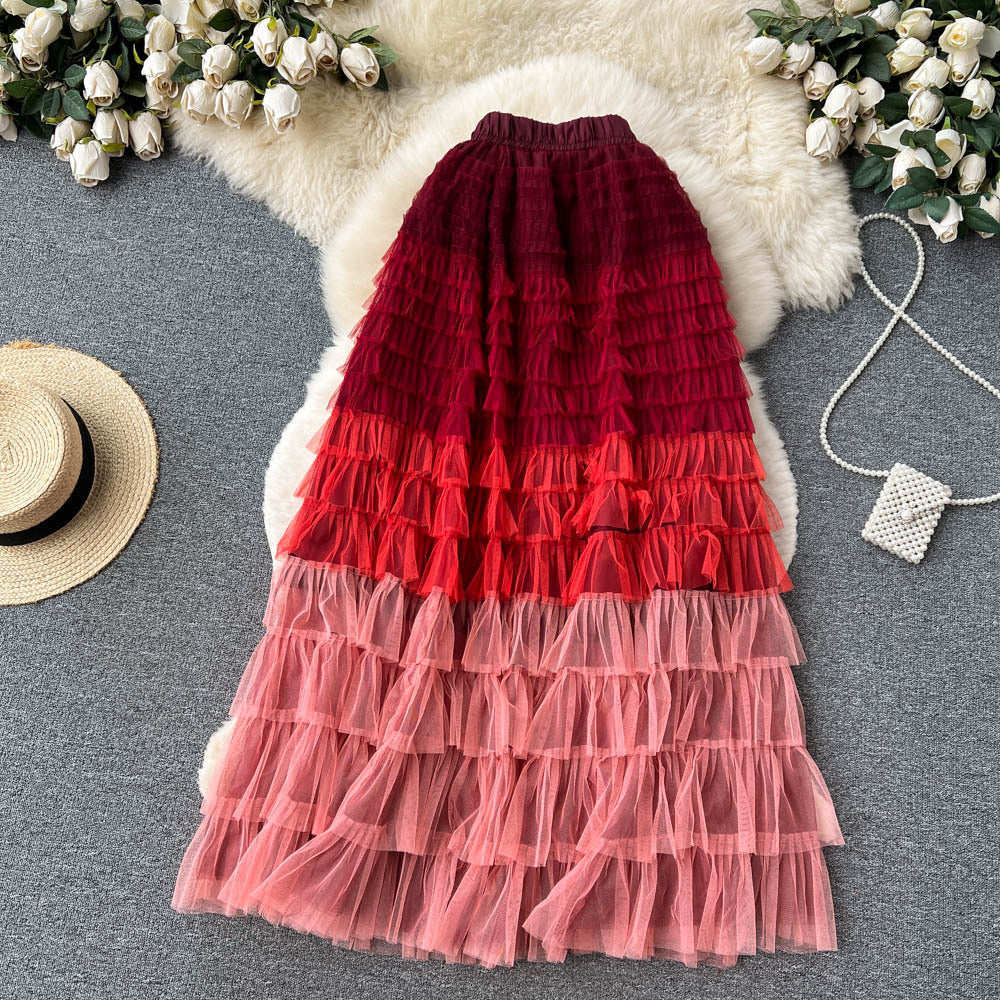 Women  Irregular Gradient Cascading Ruffles Puffy Mesh Skirt 30