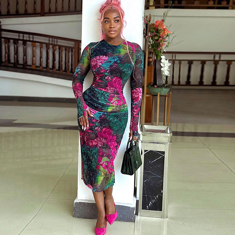 Women Elegant Printed Bodycon Round Neck Long Sleeve Dress 3