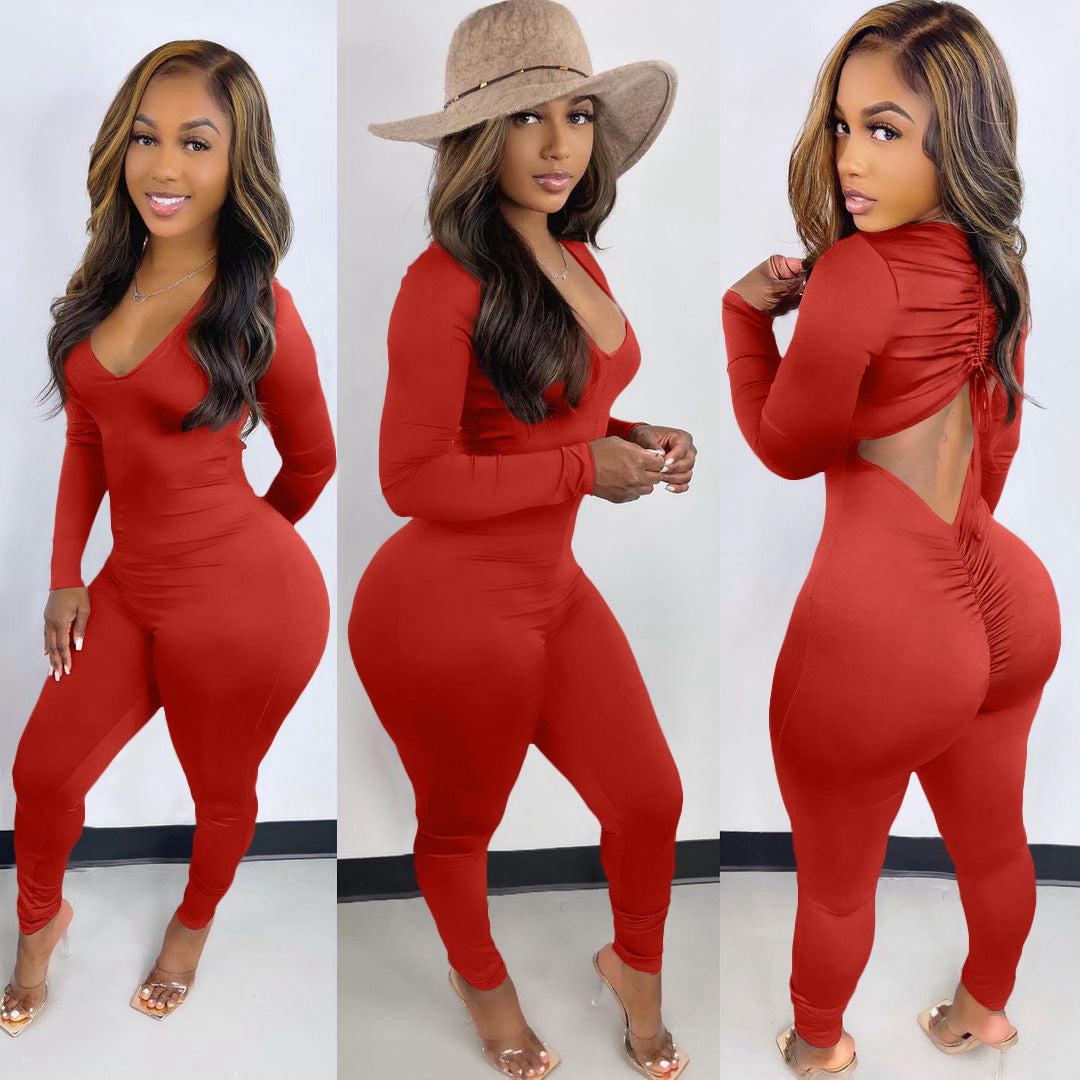Women's Back Drawstring Scrunch Butt Sexy Jumpsuit 3