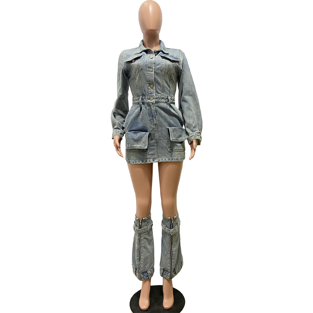 Feminine Multi-Pocket Washed Denim Dress (Including Cuffs) 8
