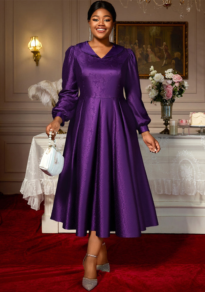 Plus-Size Women Turndown Collar Jacquard Lantern Long-Sleeved Autumn Dress
