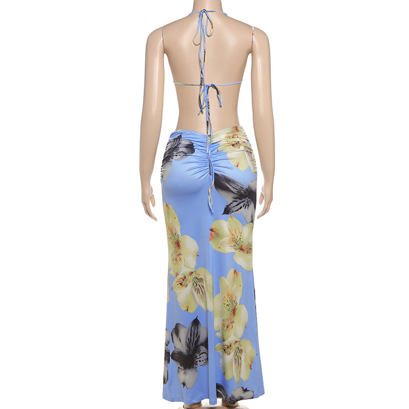 Women's Spring Halter Neck Tie Beaded Chain Slim Low Back Sexy Dress 25