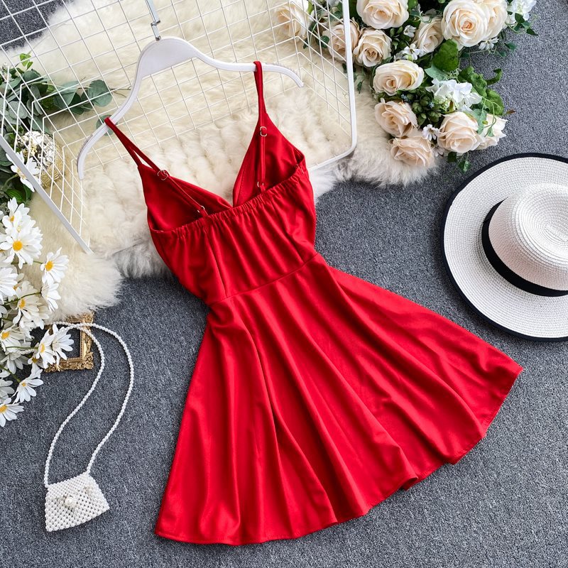 Spring Feminine V-Neck Low Back Slim Waist High Waist Slim Fit Solid Color Straps Basic A-Line Dress 9