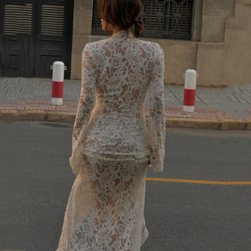 Autumn Sexy Lace Patchwork Fashion Street Slit Long Sleeve Dress 4