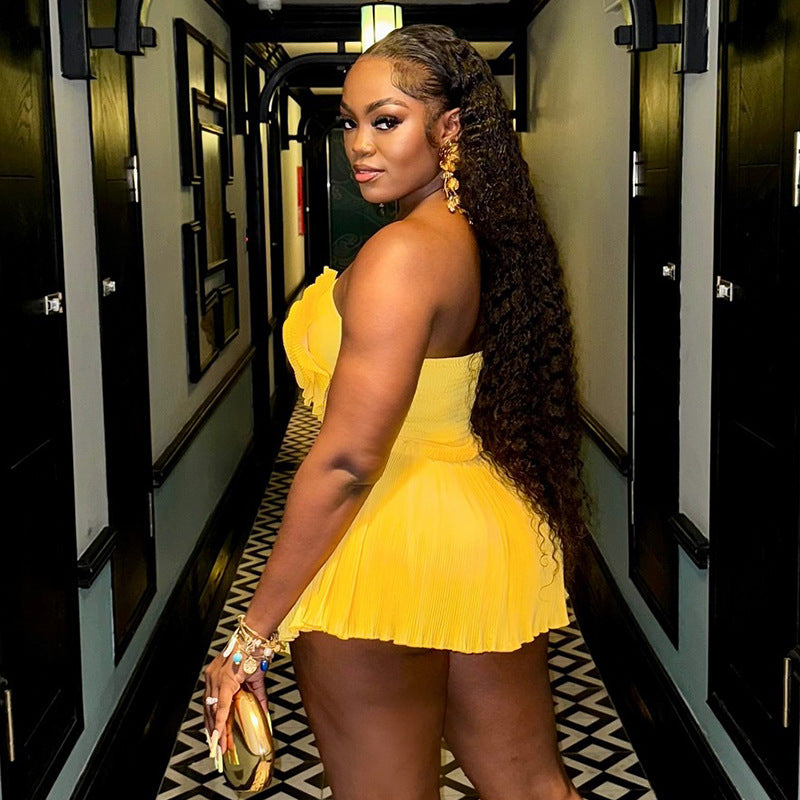 Women's Autumn Flower Decoration Strapless High Waist A-Line Short Dress 4