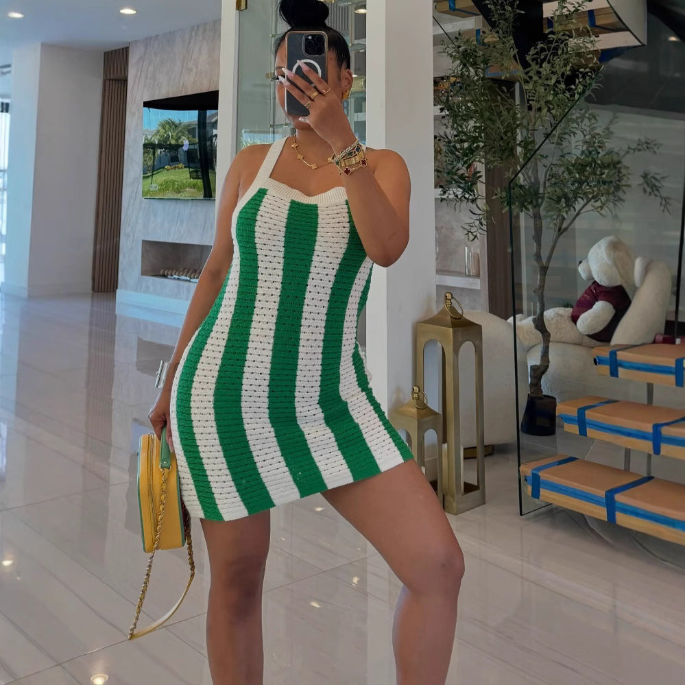 Women Spring Summer Striped Hollow Knitting Strap Dress