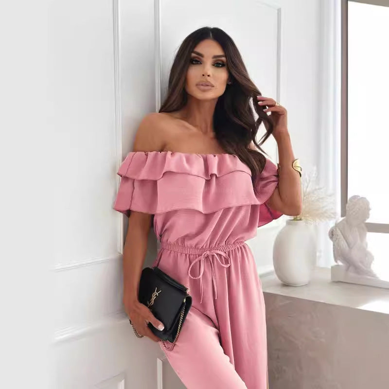 Summer Fashion Chic Off Shoulder Solid Color Slim Waist Women's Jumpsuit 8