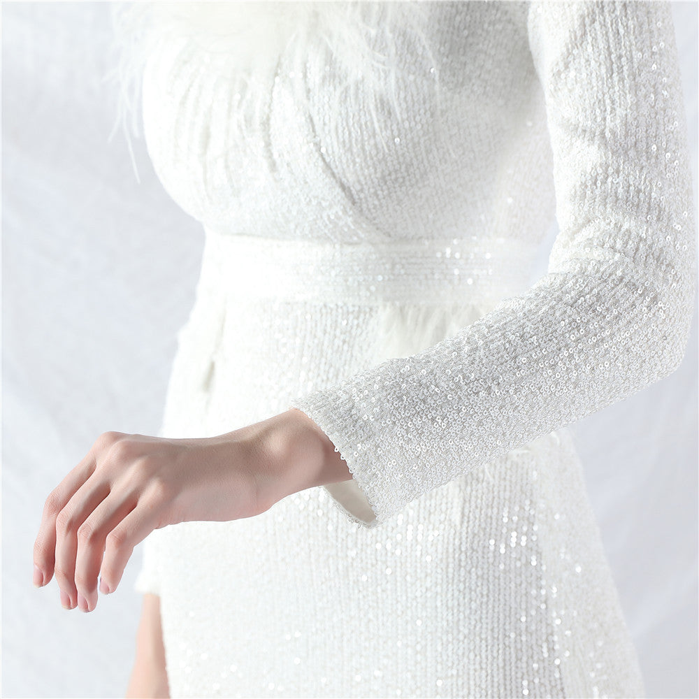 Women ostrich feather long-sleeved sequined evening dress 18