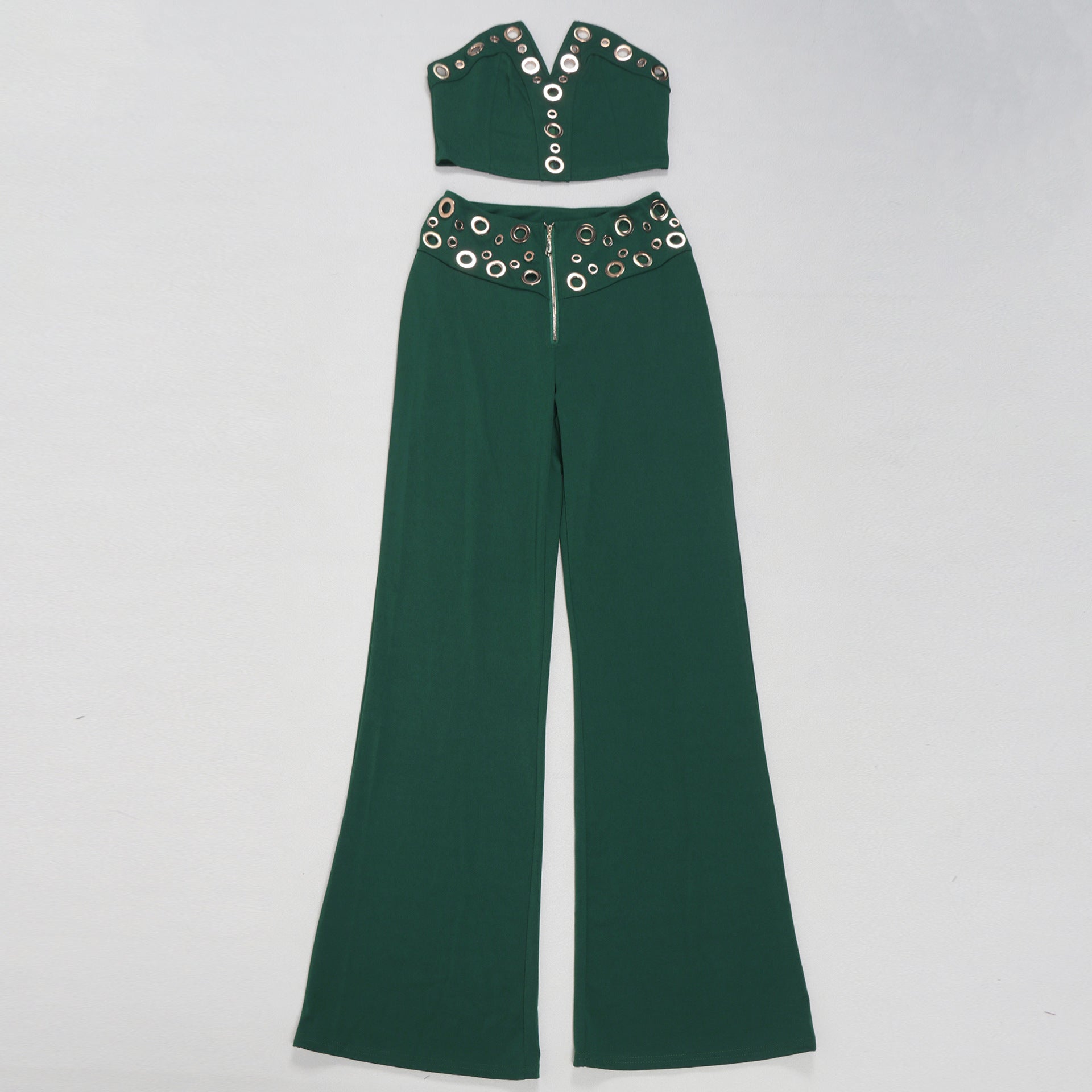 Women elegant elastic metal buckle decorated V-neck Top and Pants two-piece set 16