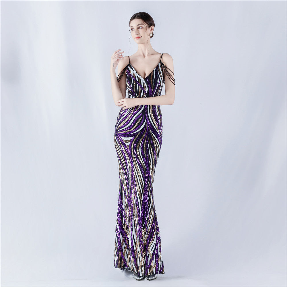 Women sequined striped color matching maxi evening dress 3
