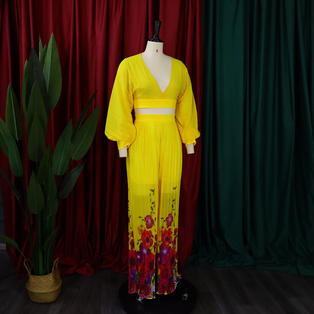 Fashion Suit Women's V-Neck Bat Sleeves Chiffon Top Pleated Wide Leg Pants Two Piece Set 12