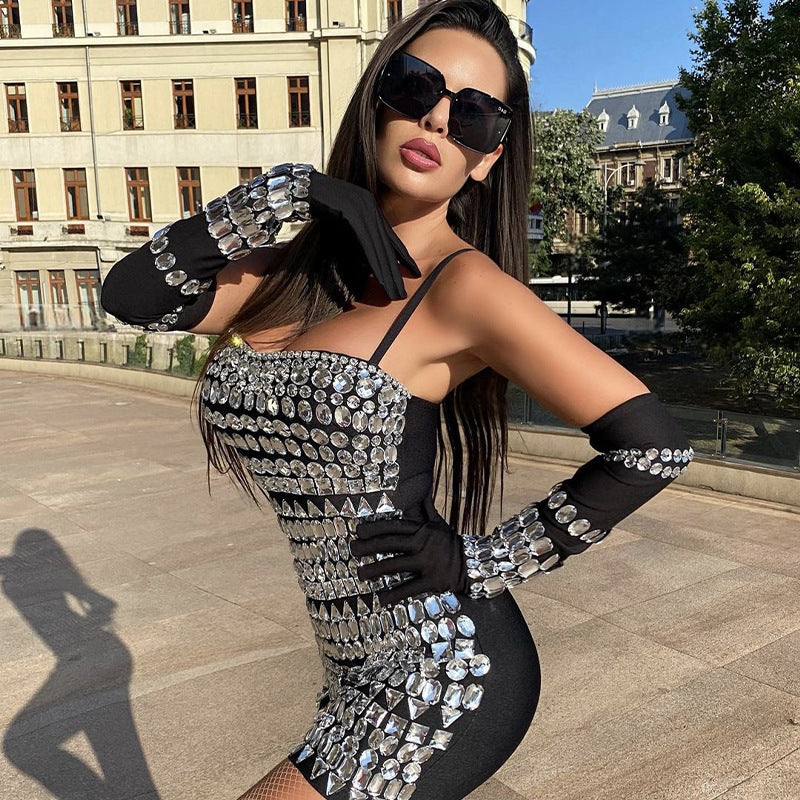 Women's Black Spiked Sleeves Straps Sleeveless Rhinestone Dress Women's Clothing 5