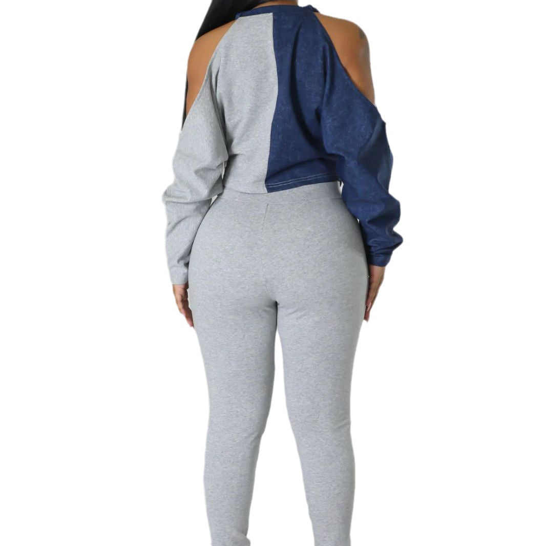 Women's Fall Shoulder Cutout Top Colorblock Metallic Trousers Casual Two Piece Set 6