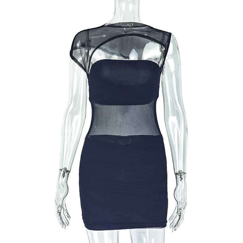 Women Sexy See-Through Bodycon Hollow High-Neck Solid Dress 6