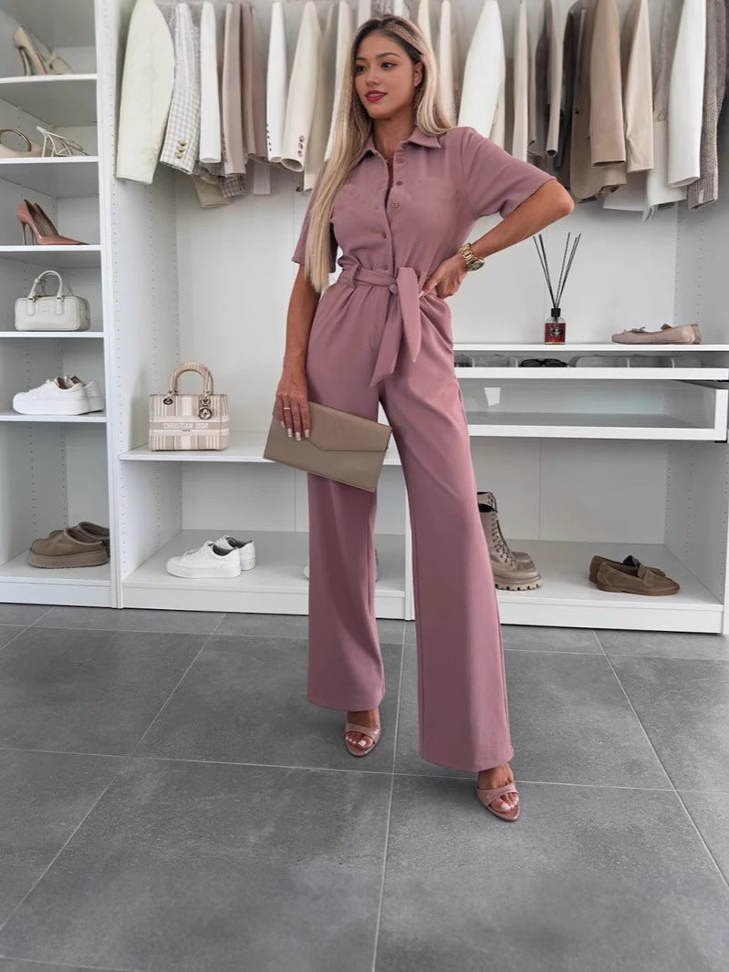 Women's fashion turndown collar solid color single-breasted jumpsuit 7