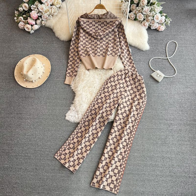 Women long-sleeved zipper jacquard knitting jacket and high-waisted wide-leg pants two-piece set 5