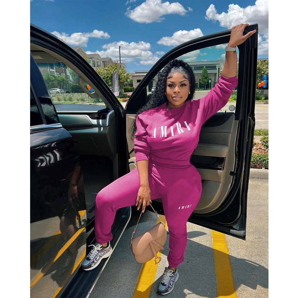 Women'S Printed Round Neck Pullover Two-Piece Pants Set 7