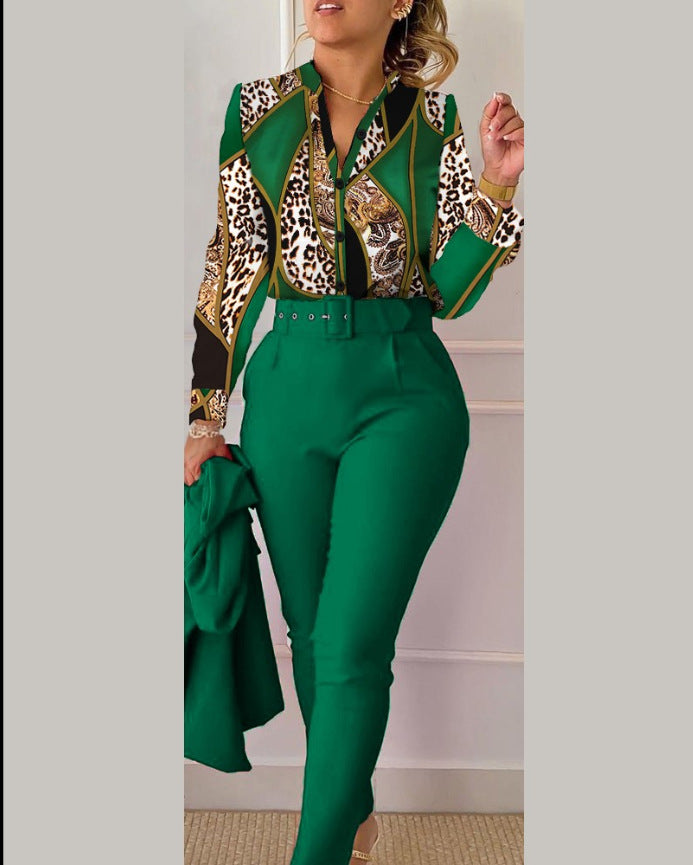 Women Long Sleeve Printed Shirt + Solid Pant Casual Two-Piece Set (No Jacket) 10