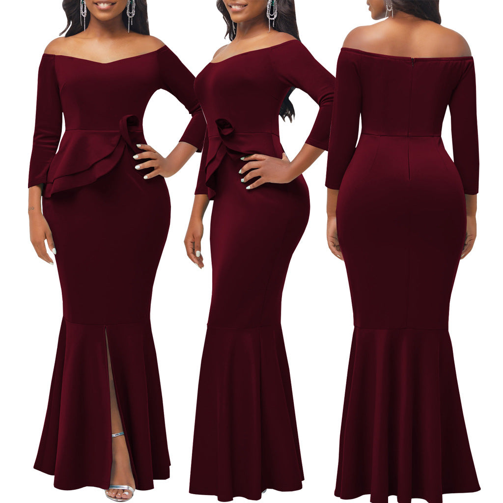 Sexy Fashion Solid Off Shoulder Slit Women's Evening Dress