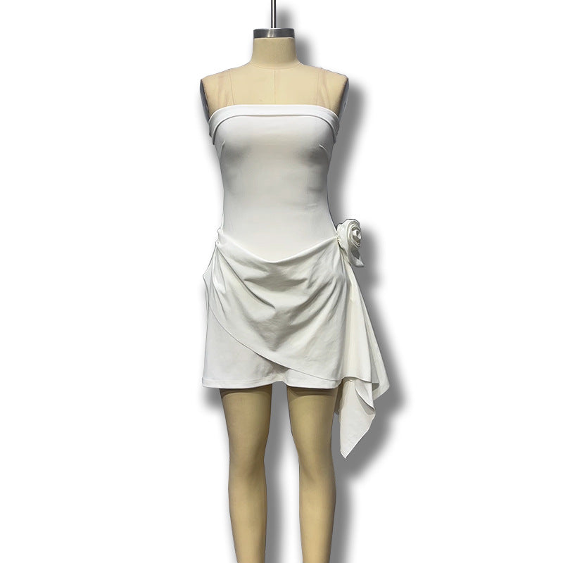 Women's Fashion Sexy Slim Solid Color Flower Strapless Dress 9