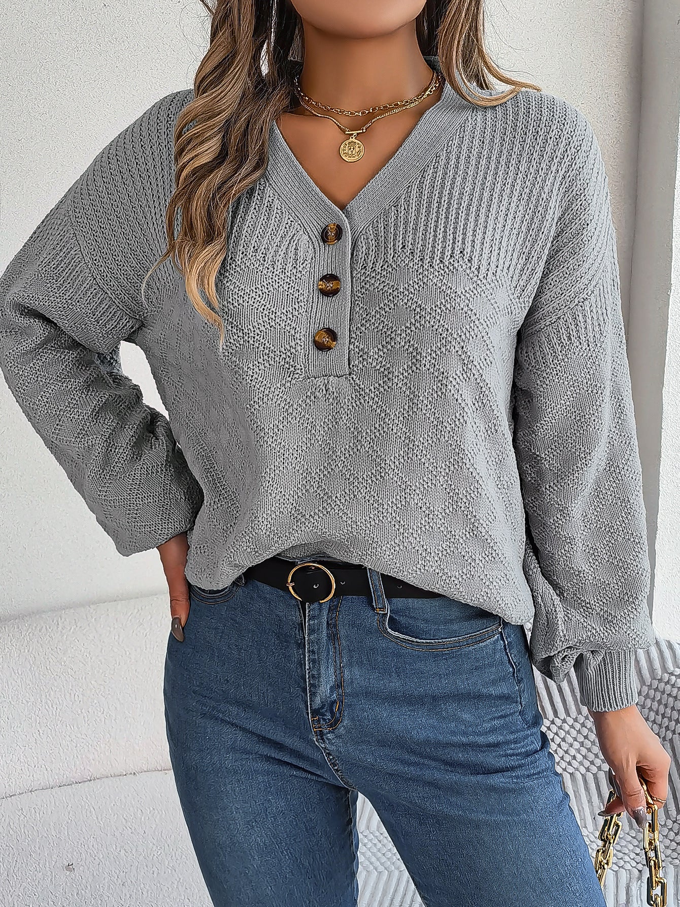 Fall and winter Women Casual loose v-neck buttoned lantern sleeve sweater 8