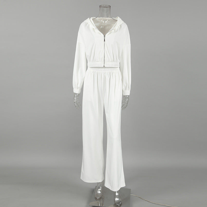 Women Autumn and Winter White Casual knitting velvet Hooded Long Sleeve Top and Pants Two Piece Set 12