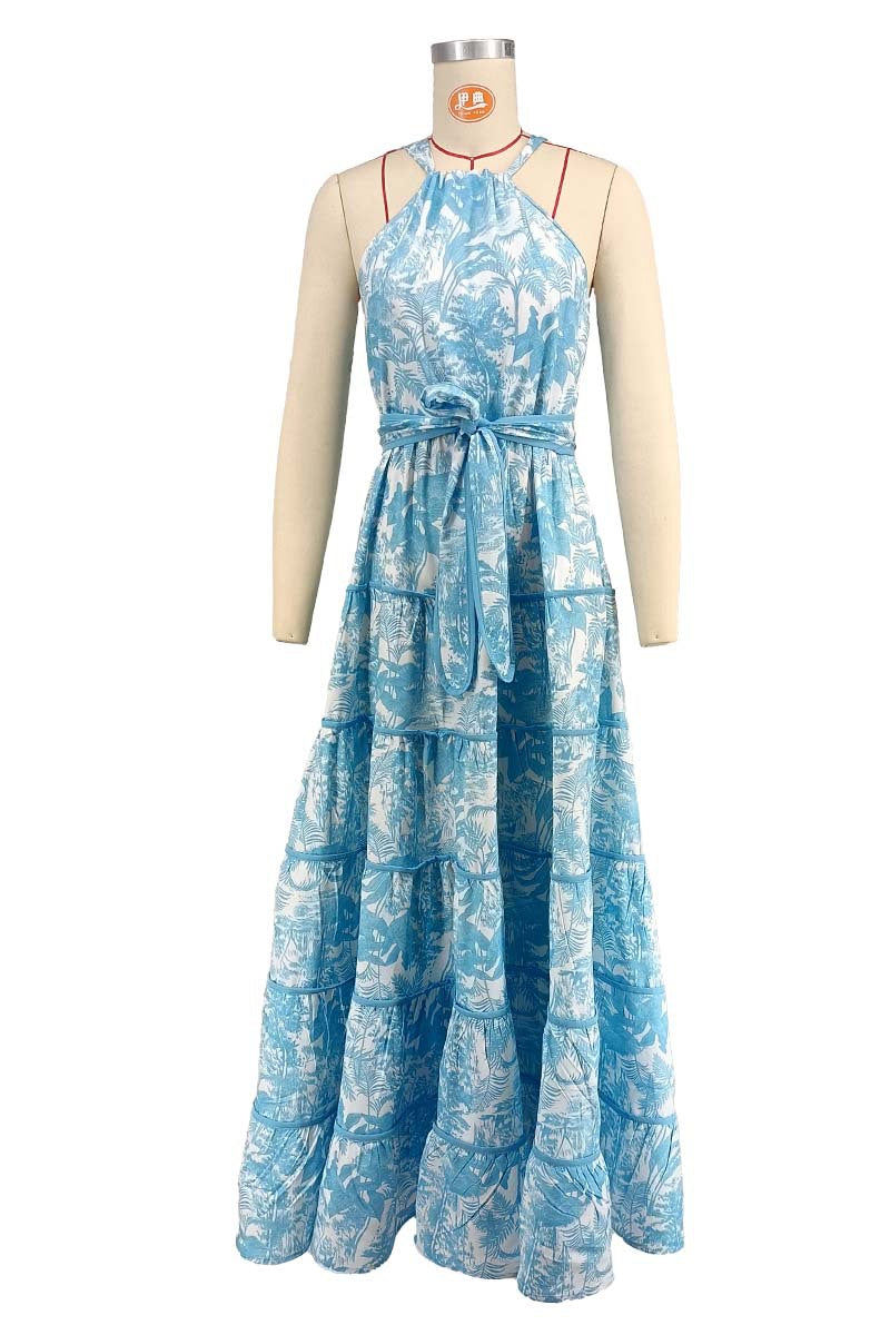 Fashion Printed Halter Neck A-line Maxi Dress 6