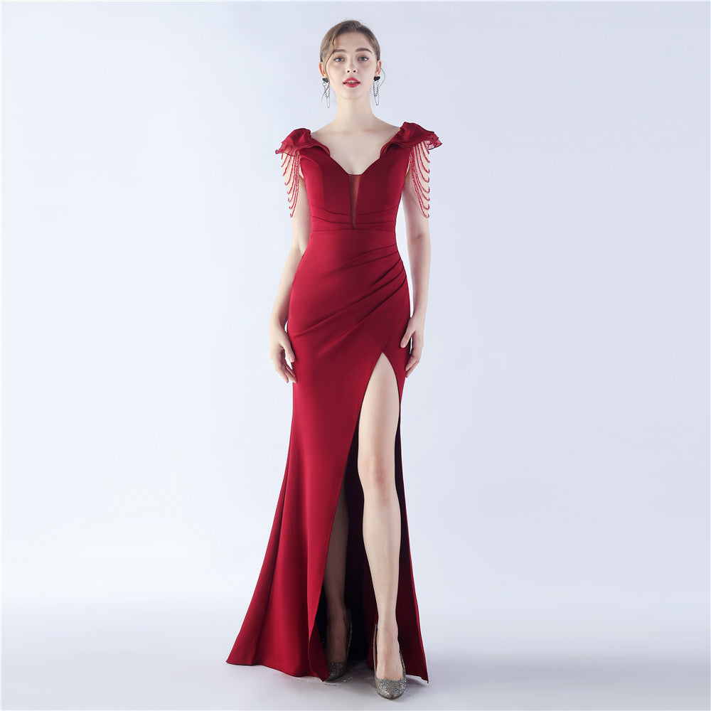 Women Elegant Beading Slit Formal Party Evening Dress 6