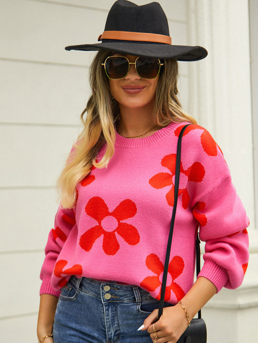 Autumn and winter women's printed sweater pullover flower plus size sweater 32