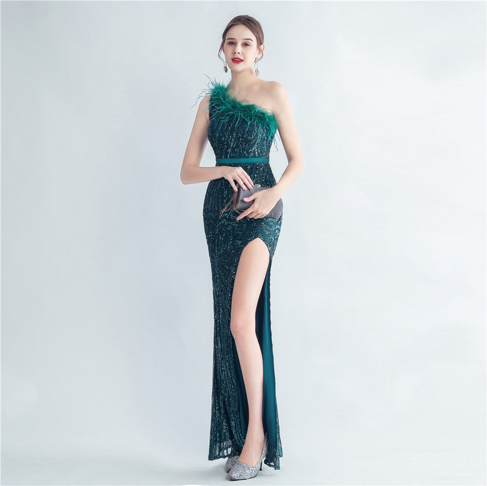 Women Premium Ostrich Feather Satin Sequin Slit Evening Gown 4