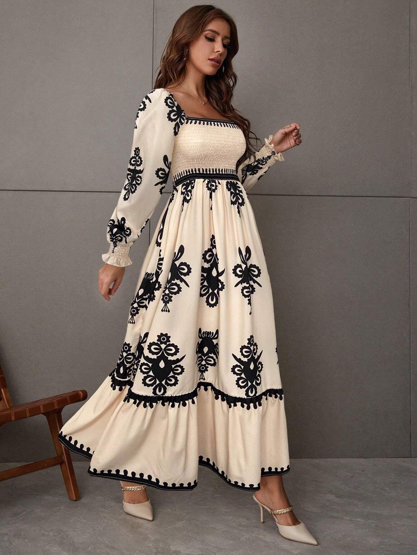 Women's Autumn Winter Elegant Printed Square Neck Long Sleeve Casual Long Dress 6