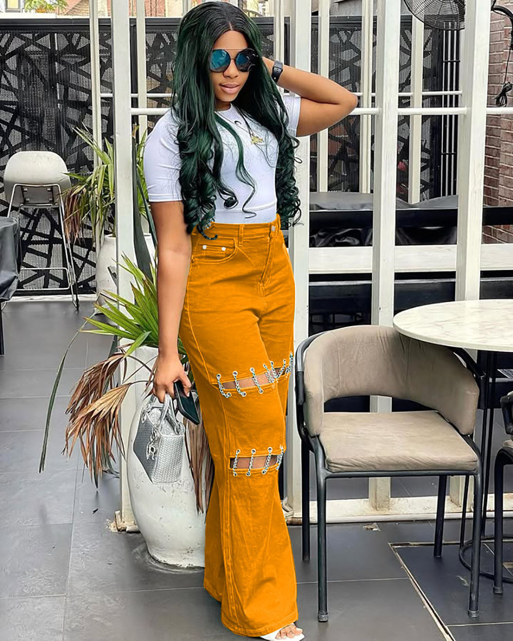 Women's High-Waisted Patchwork Denim Jeans with Studded Chain 4