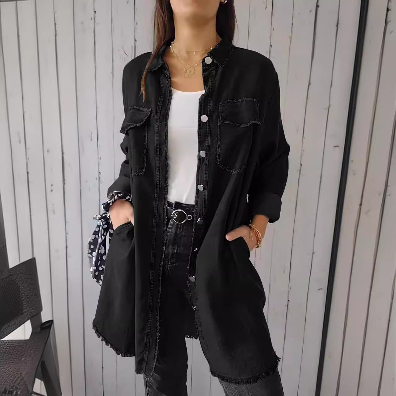 Street Style Fall Fashionable Loose Turndown Collar Women's Denim Jacket 8