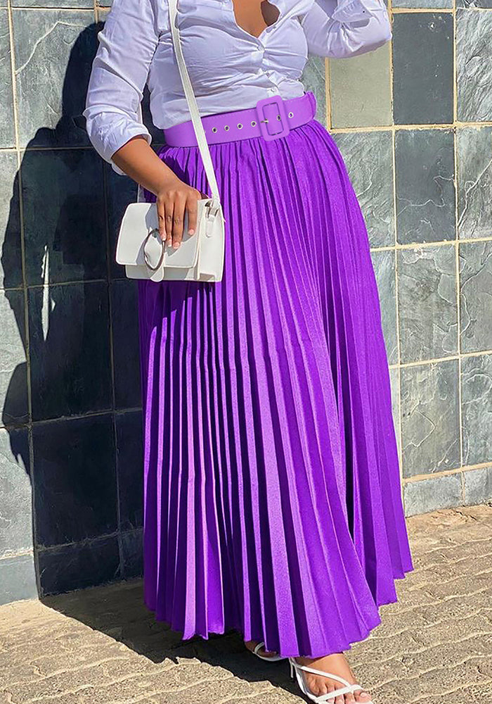 Women's Fashion Elegant Belted Plus Size Long Pleated Skirt